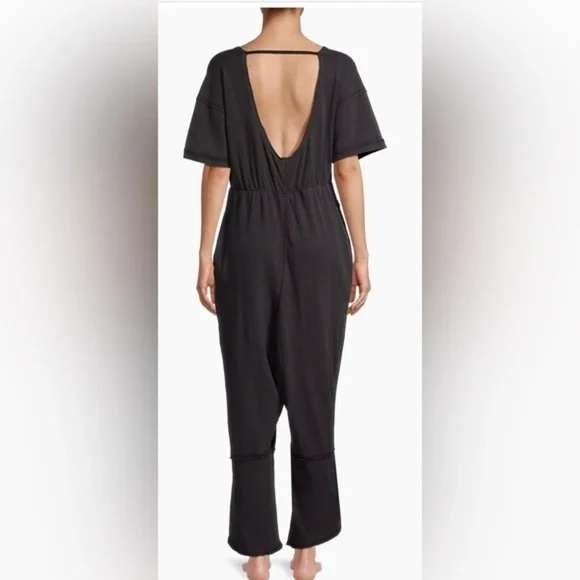 Free People Black Cozy Good Side Jumpsuit V Neck Short Sleeve Lounge Relaxed M - Picture 2 of 10